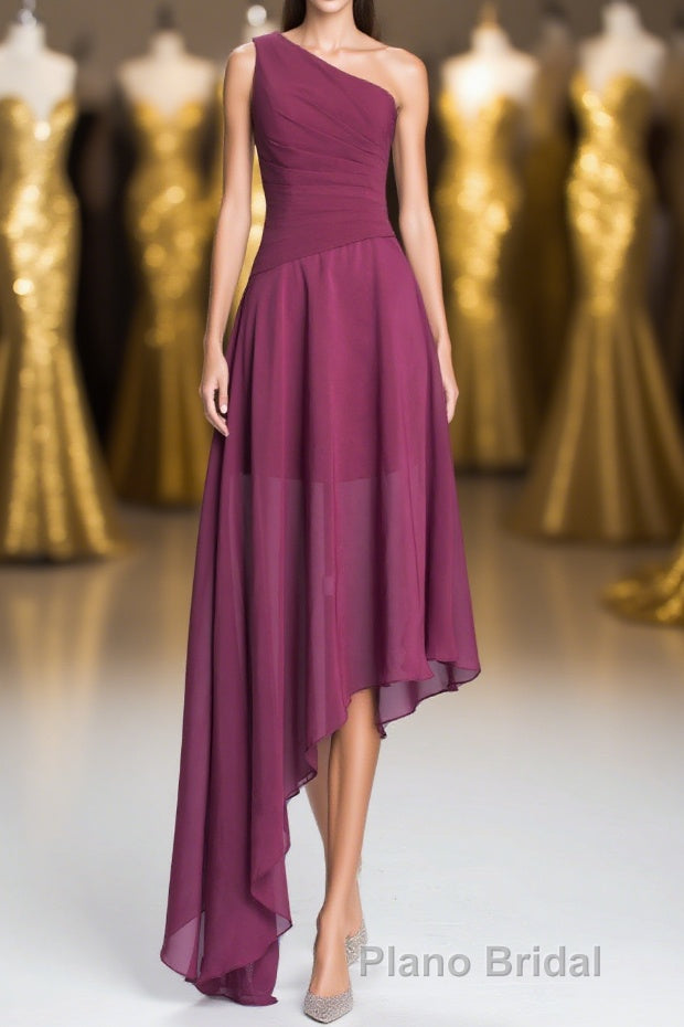 One Shoulder Plum Asymmetric Chiffon Long Party Dresses Main image