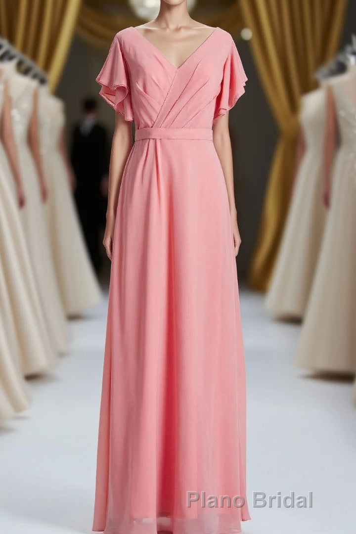 Coral A-line Flutter Sleeves Long Bridesmaid Dresses Main image