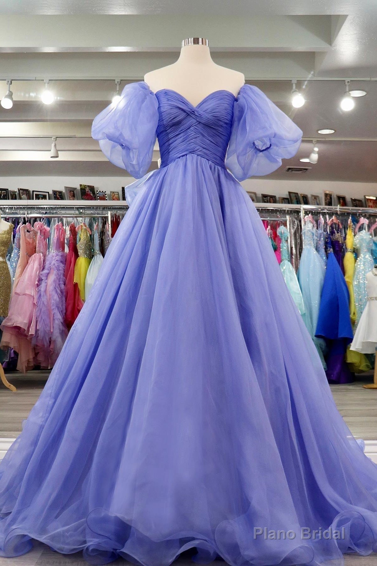 Lavender Tulle A-line Off-Shoulder Puff Sleeves Pleated Long Prom Dress Main image