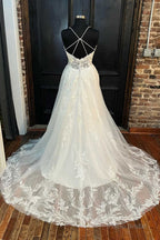 White Lace V-Neck Backless A-Line Long Wedding Dress
