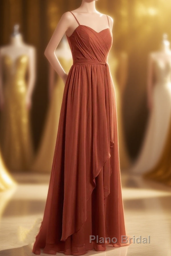 Rust Orange Spaghetti Straps Sweetheart Ruffled Long Bridesmaid Dresses Main image