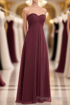 Burgundy Chiffon Strapless Sweetheart A-Line Long Bridesmaid Dresses