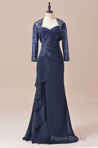 Navy Blue Two-Piece Sweetheart Ruffled Long Mother of the Bride Dresses