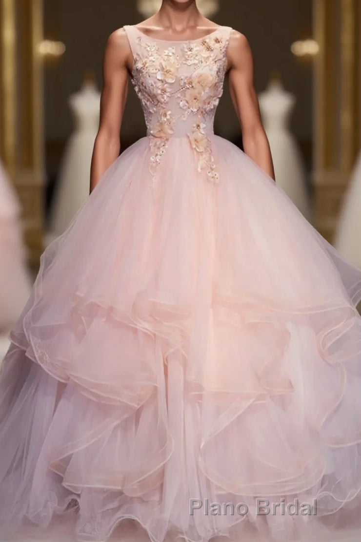 Pink Round Neck Tulle Lace Long Formal Prom Dresses, Lace Prom Dresses