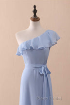 Periwinkle One-Shoulder Ruffled A-Line Long Bridesmaid Dresses