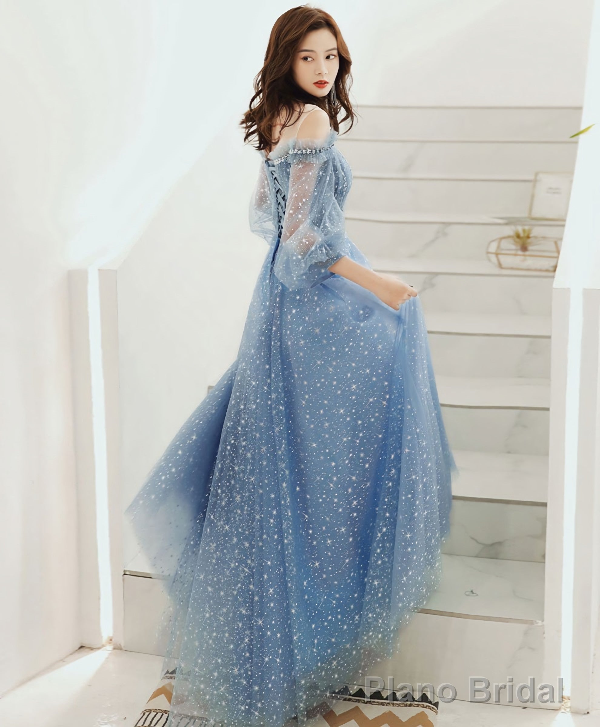 Blue Round Neck Tulle Sequin Long Prom Dress Tulle Evening Dress Secondary image