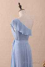 Periwinkle One-Shoulder Ruffled A-Line Long Bridesmaid Dresses