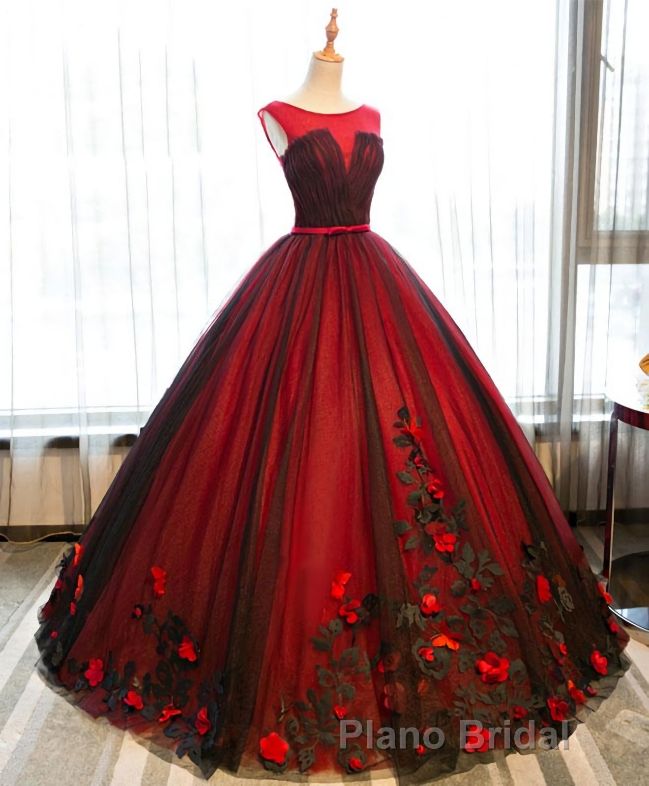Burgundy Round Neck Tulle Lace Applique Long Formal Prom Dresses, Burgundy Evening Dresses Secondary image