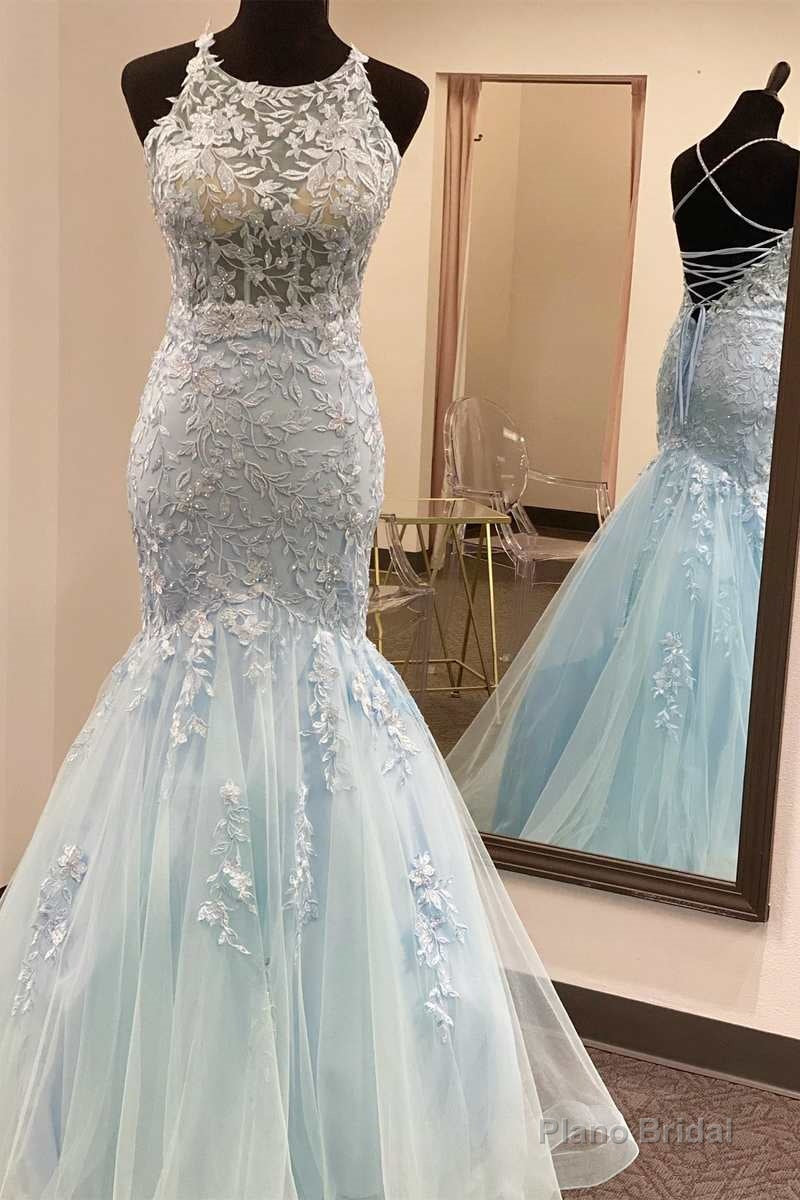 Light Blue Tulle Lace Halter Lace-Up Back Trumpet Long Dress Main image