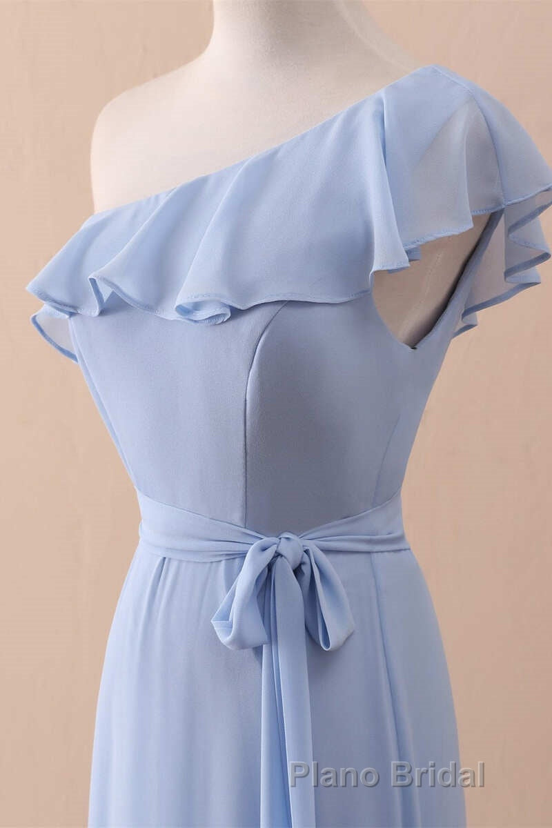 Periwinkle One-Shoulder Ruffled A-Line Long Bridesmaid Dresses