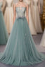 Green A Line Tulle Lace Long Formal Prom Dresses, Green Tulle Prom Dresses