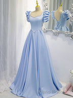 Blue Satin Backless Long Formal Prom Dresses, Blue Evening Dresses