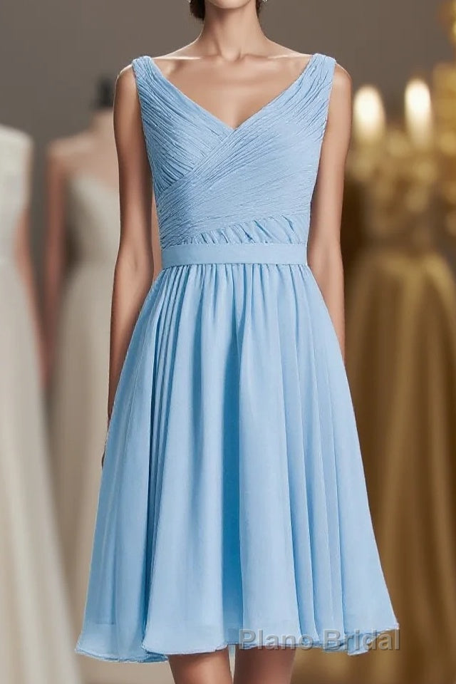 Blue Chiffon A-line Pleated Short Bridesmaid Dresses Main image