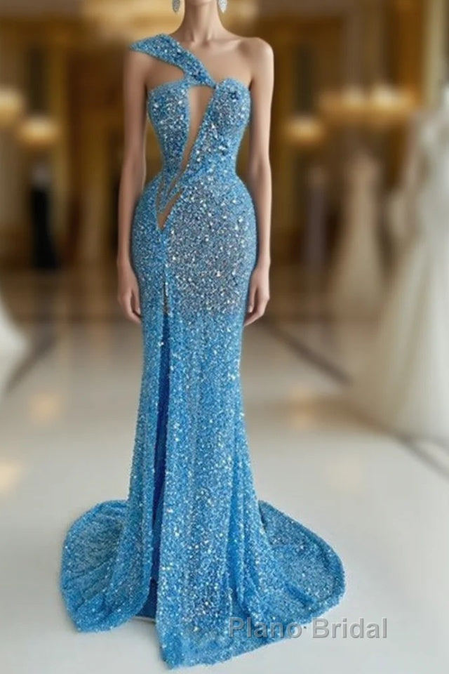 Ocean Blue Sequins One-Shoulder Mermaid Long Formal Prom Dress With Split Main image