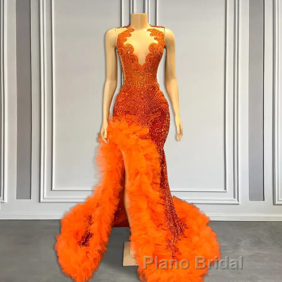 Orange Sleeveless Mermaid Formal Prom Dress with Side Slit and Tulle Beadings