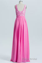 Pink A-line Lace and Chiffon Long Bridesmaid Dresses