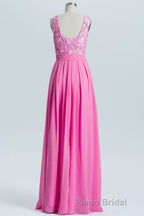 Pink A-line Lace and Chiffon Long Bridesmaid Dresses