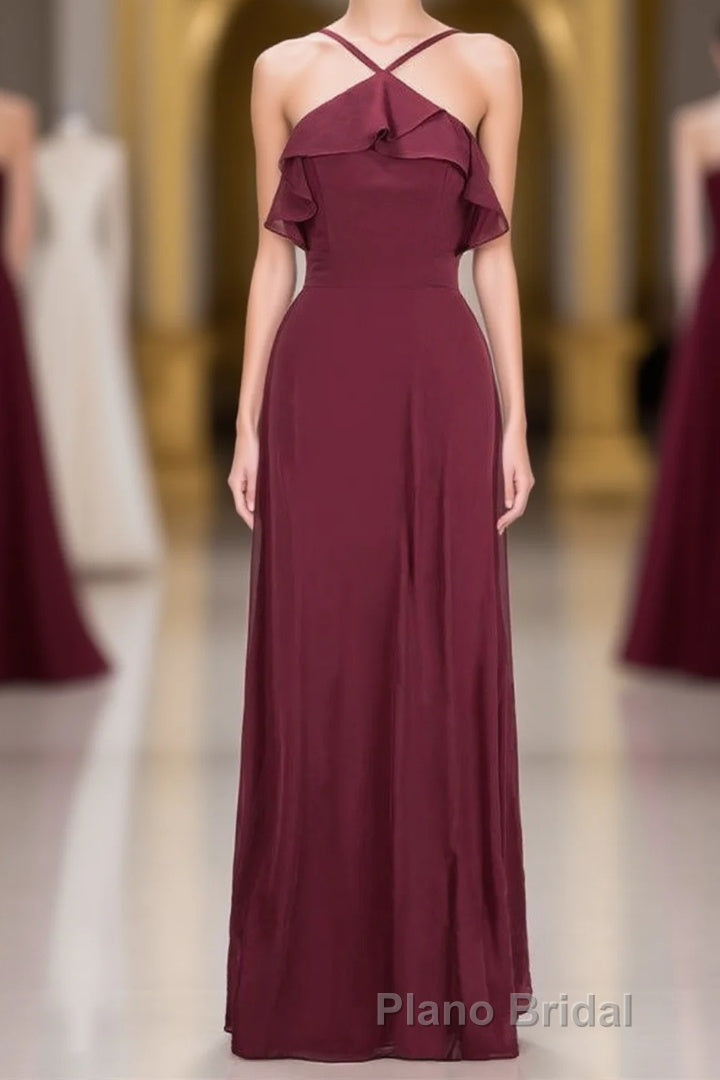 Straps Burgundy Ruffles A-line Long Bridesmaid Dresses Main image