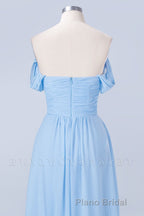 Blue Off the Shoulder Pleated Chiffon Long Bridesmaid Dresses