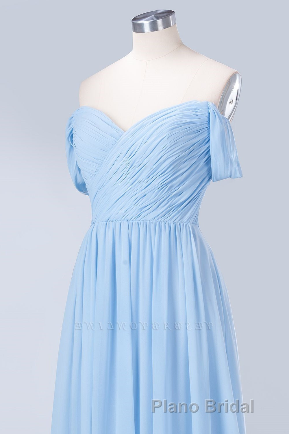 Blue Off the Shoulder Pleated Chiffon Long Bridesmaid Dresses Secondary image