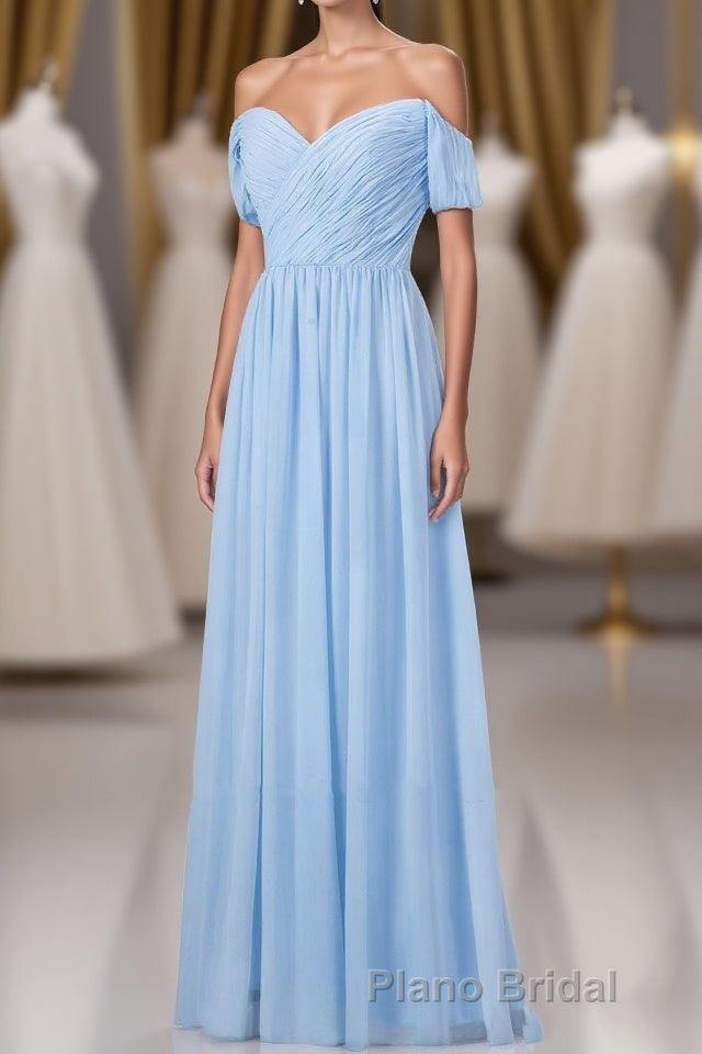 Blue Off the Shoulder Pleated Chiffon Long Bridesmaid Dresses Main image