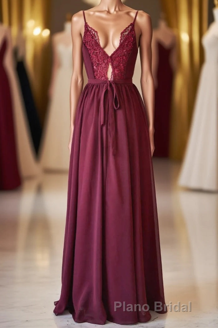 Magenta Chiffon V-Neck Spaghetti Straps Long Bridesmaid Dresses Main image