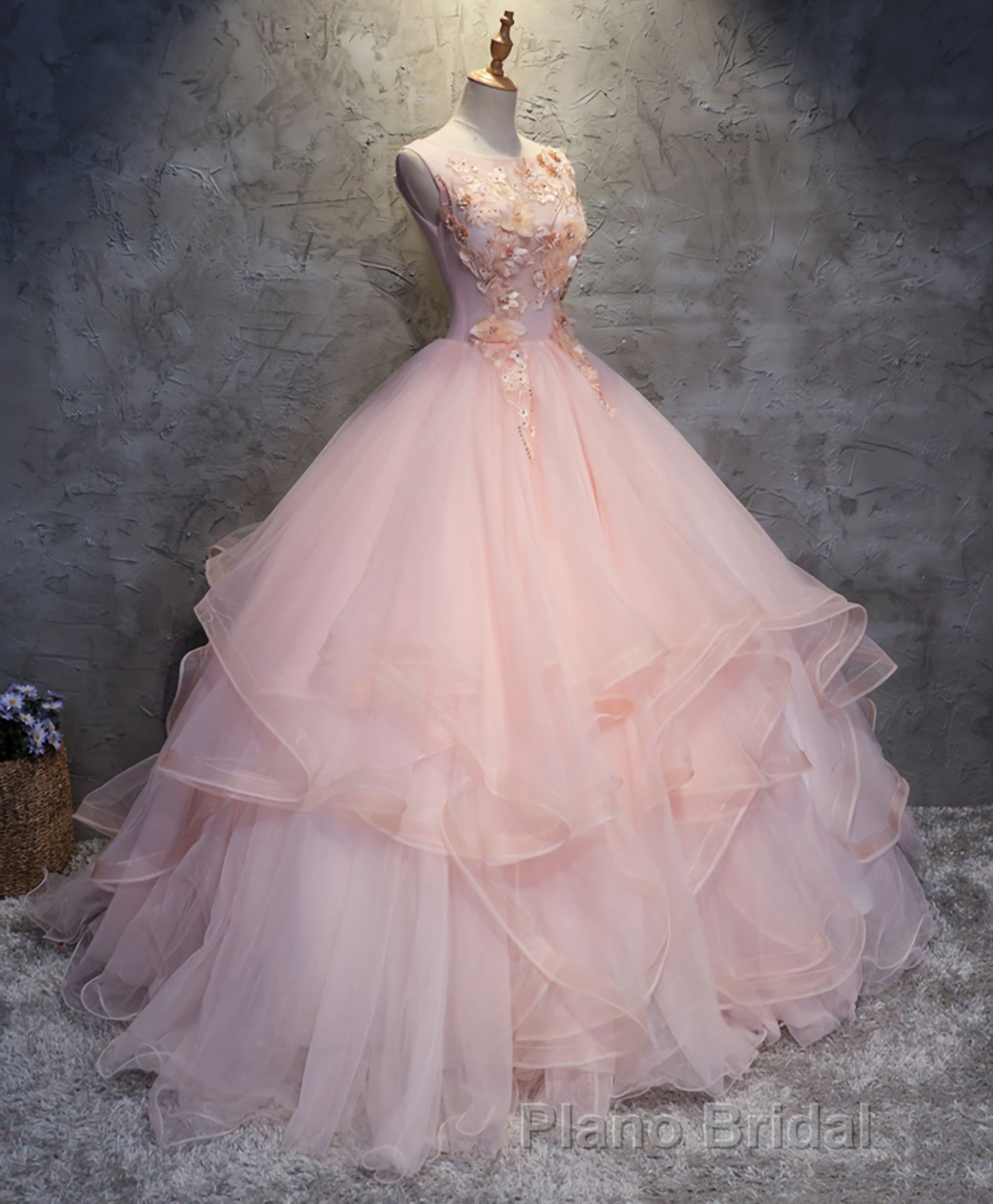 Pink Round Neck Tulle Lace Long Formal Prom Dresses, Lace Prom Dresses Secondary image