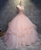 Pink Round Neck Tulle Lace Long Formal Prom Dresses, Lace Prom Dresses