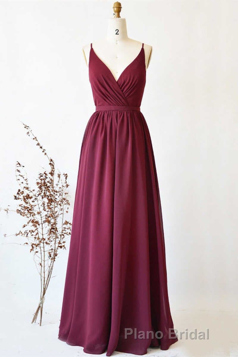 Magenta Chiffon V-Neck Spaghetti Straps Long Bridesmaid Dresses Secondary image
