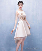 Champagne Satin Lace Short Prom Dress Champagne Homecoming Dress