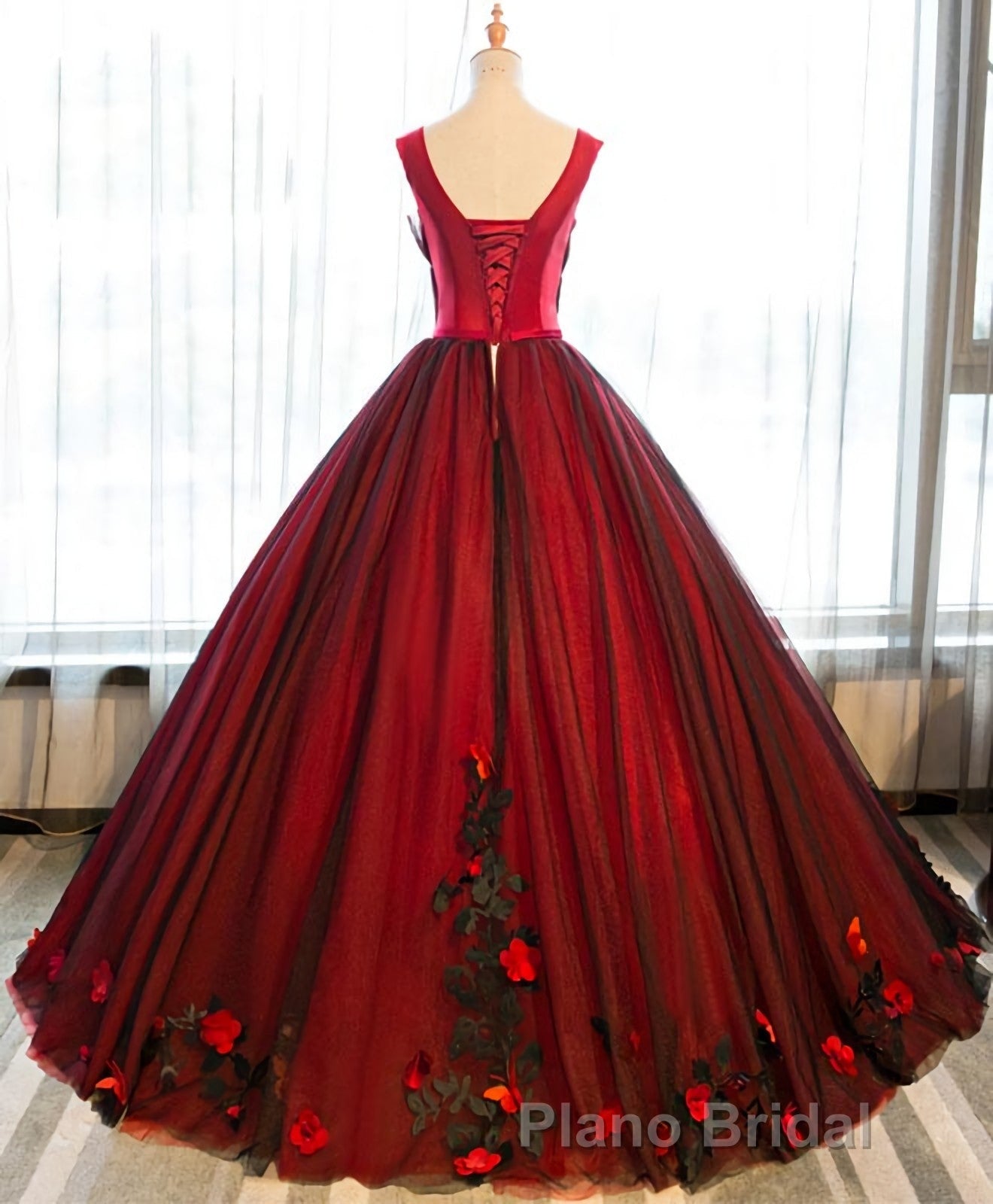 Burgundy Round Neck Tulle Lace Applique Long Formal Prom Dresses, Burgundy Evening Dresses