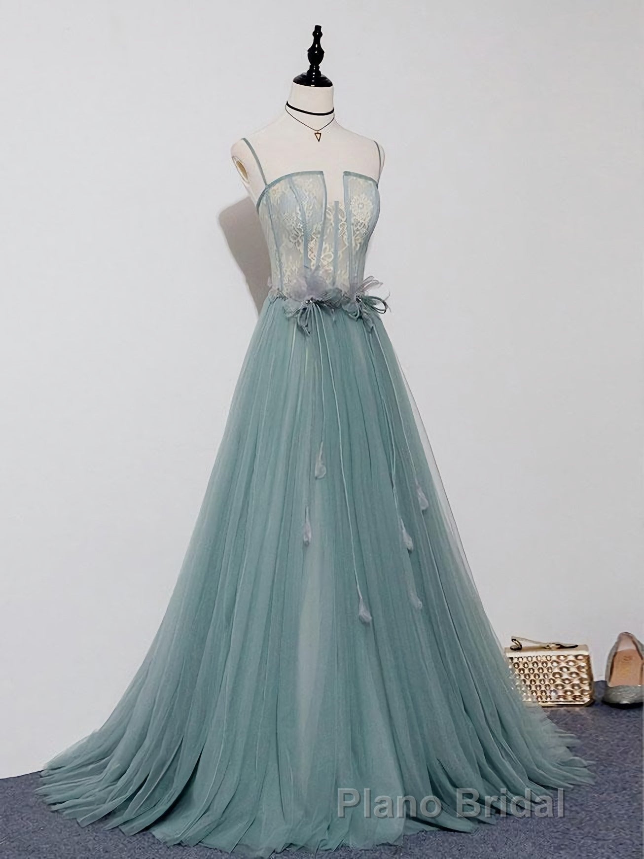 Green A Line Tulle Lace Long Formal Prom Dresses, Green Tulle Prom Dresses Secondary image