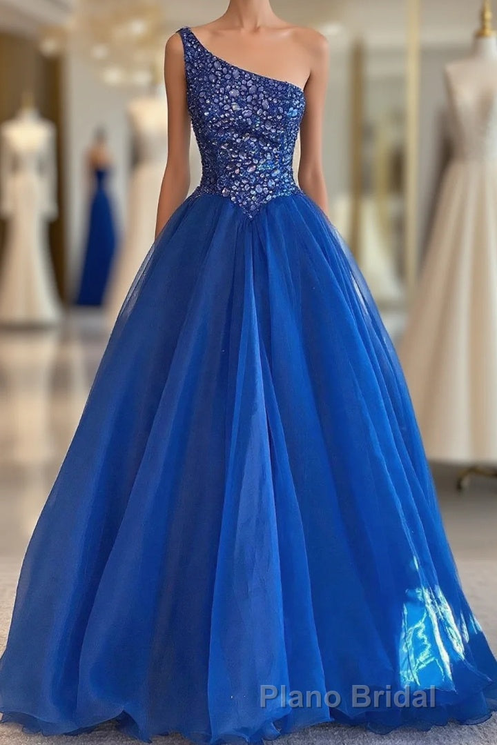Blue Beaded One-Shoulder A-Line Long Formal Prom Dresses