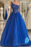Blue Beaded One-Shoulder A-Line Long Formal Prom Dresses