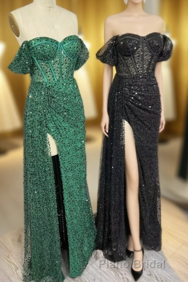 Mermaid Off-the-Shoulder Boning Sequins Pleated Long Formal Prom Dresses with Slit