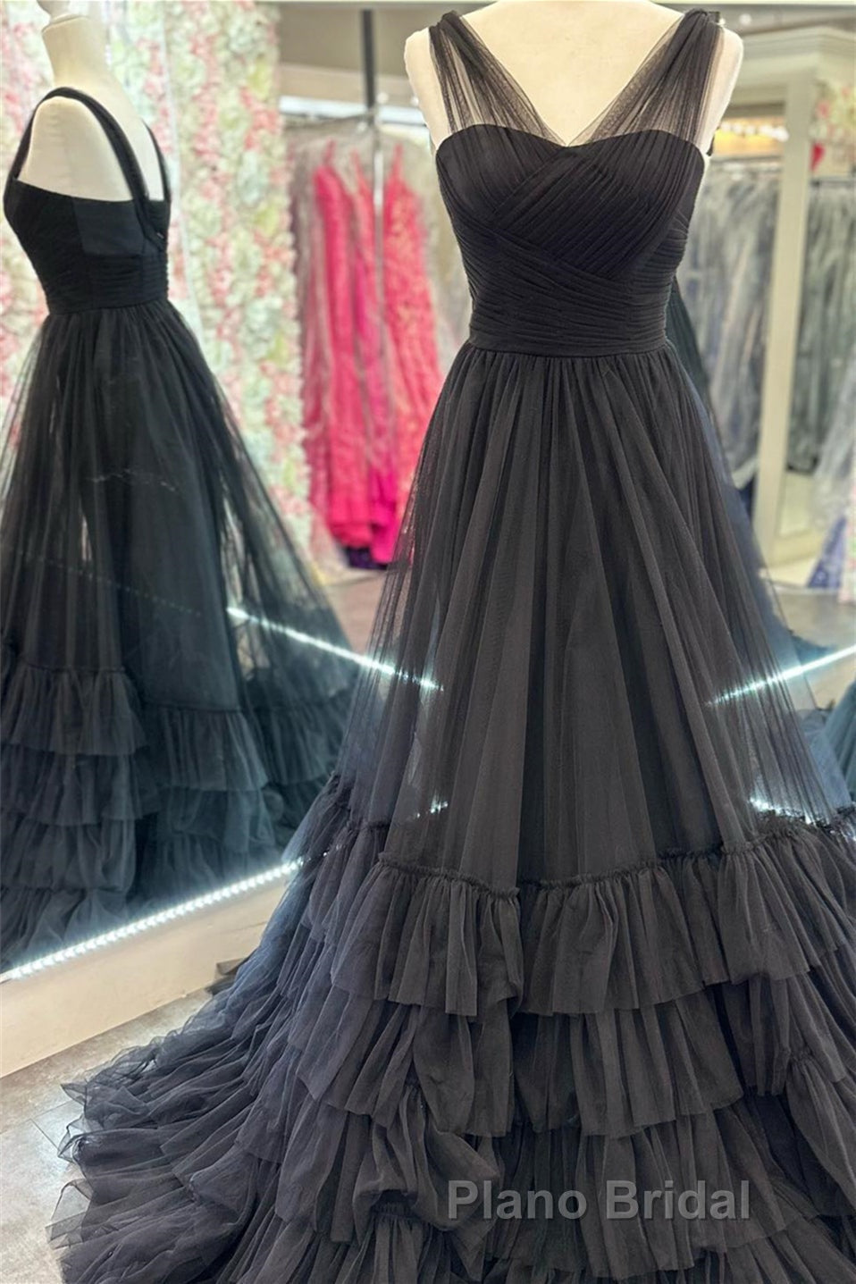 Hot Pink Illusion Strapless A-line Layers Tulle Long Formal Prom Dresses