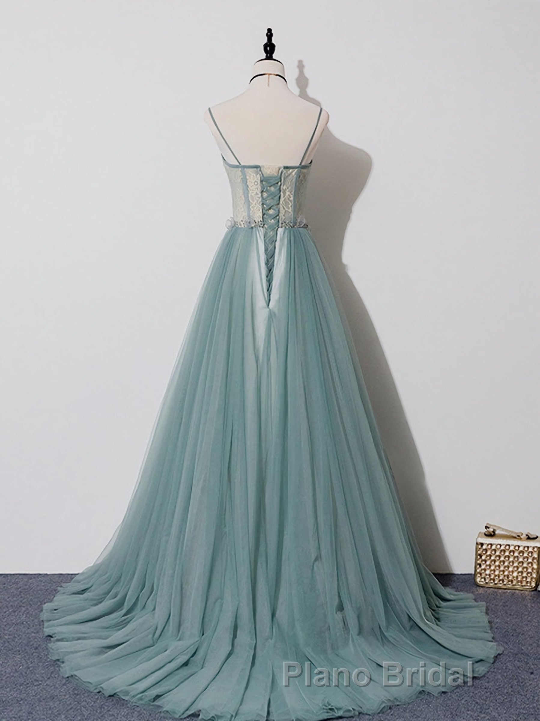 Green A Line Tulle Lace Long Formal Prom Dresses, Green Tulle Prom Dresses