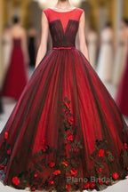 Burgundy Round Neck Tulle Lace Applique Long Formal Prom Dresses, Burgundy Evening Dresses