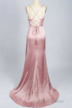 Pink Scoop Neck Lace-Up Back Long Prom Dresses with Slit