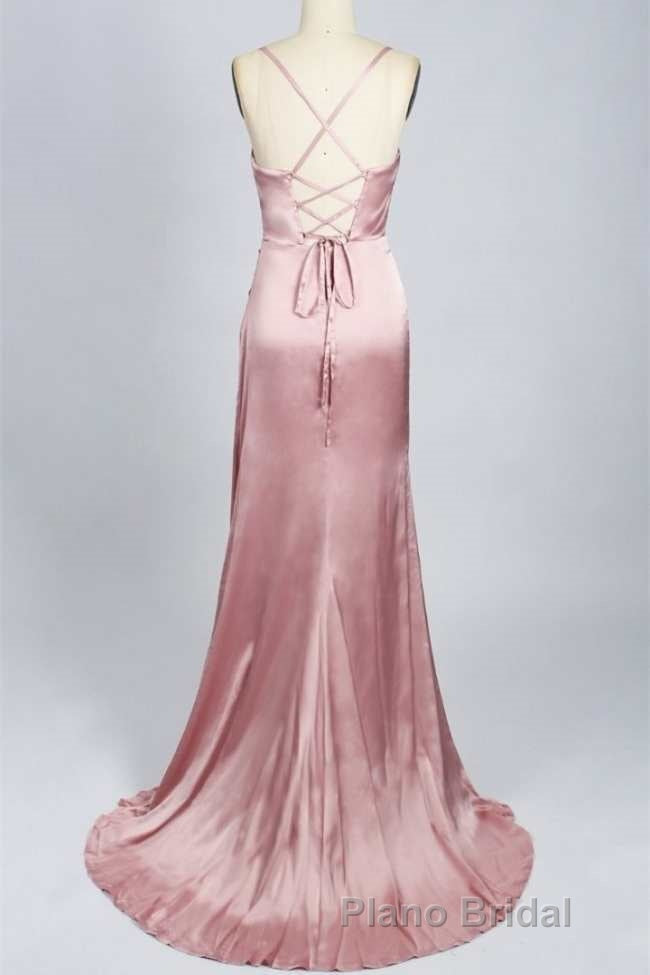 Pink Scoop Neck Lace-Up Back Long Prom Dresses with Slit