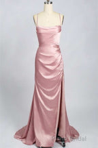 Pink Scoop Neck Lace-Up Back Long Prom Dresses with Slit