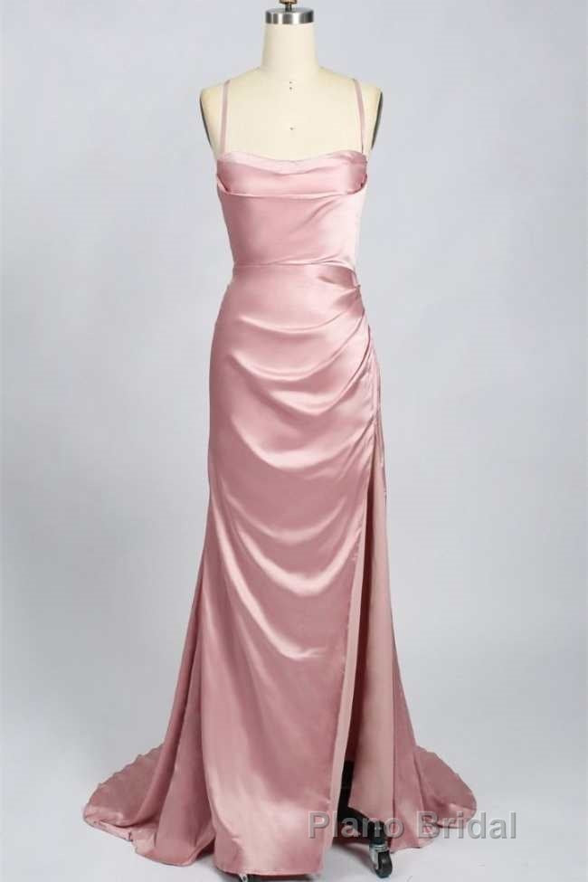 Pink Scoop Neck Lace-Up Back Long Prom Dresses with Slit