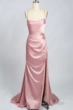 Pink Scoop Neck Lace-Up Back Long Prom Dresses with Slit