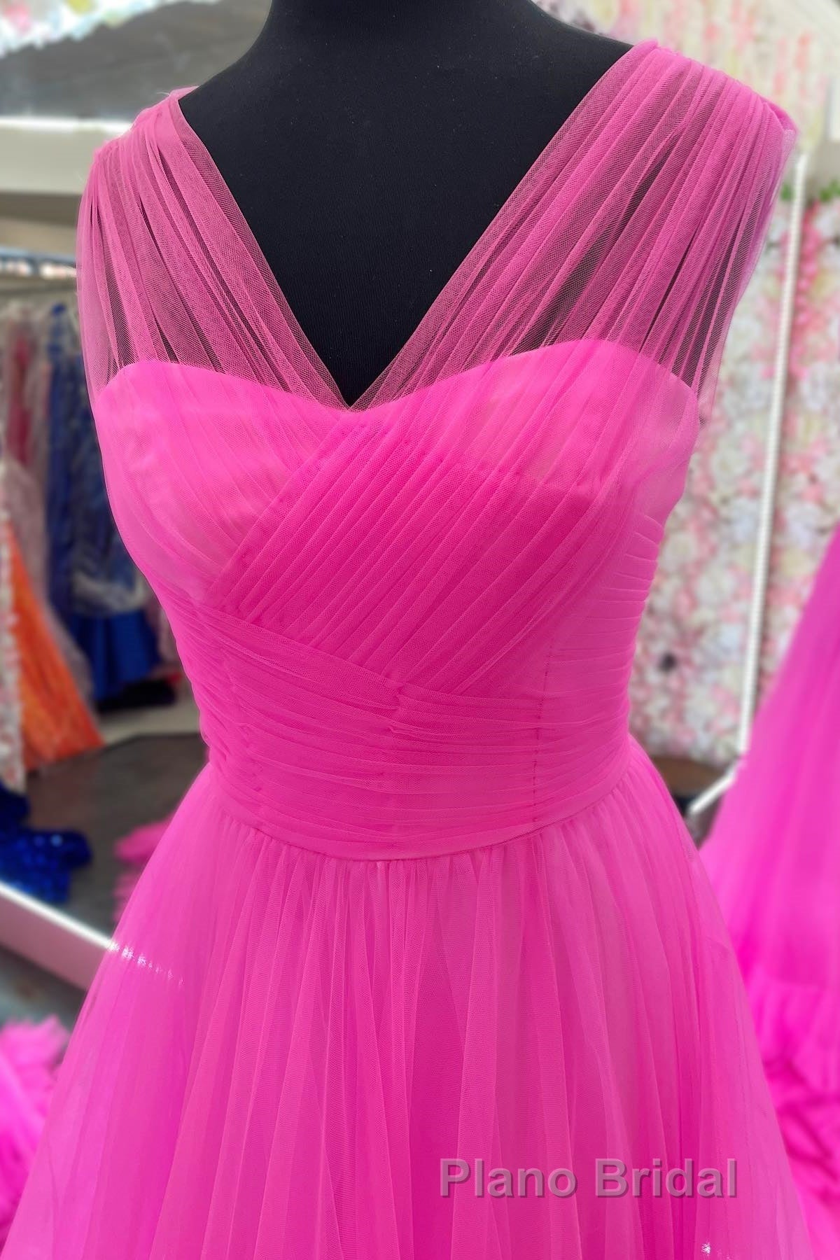 Hot Pink Illusion Strapless A-line Layers Tulle Long Formal Prom Dresses