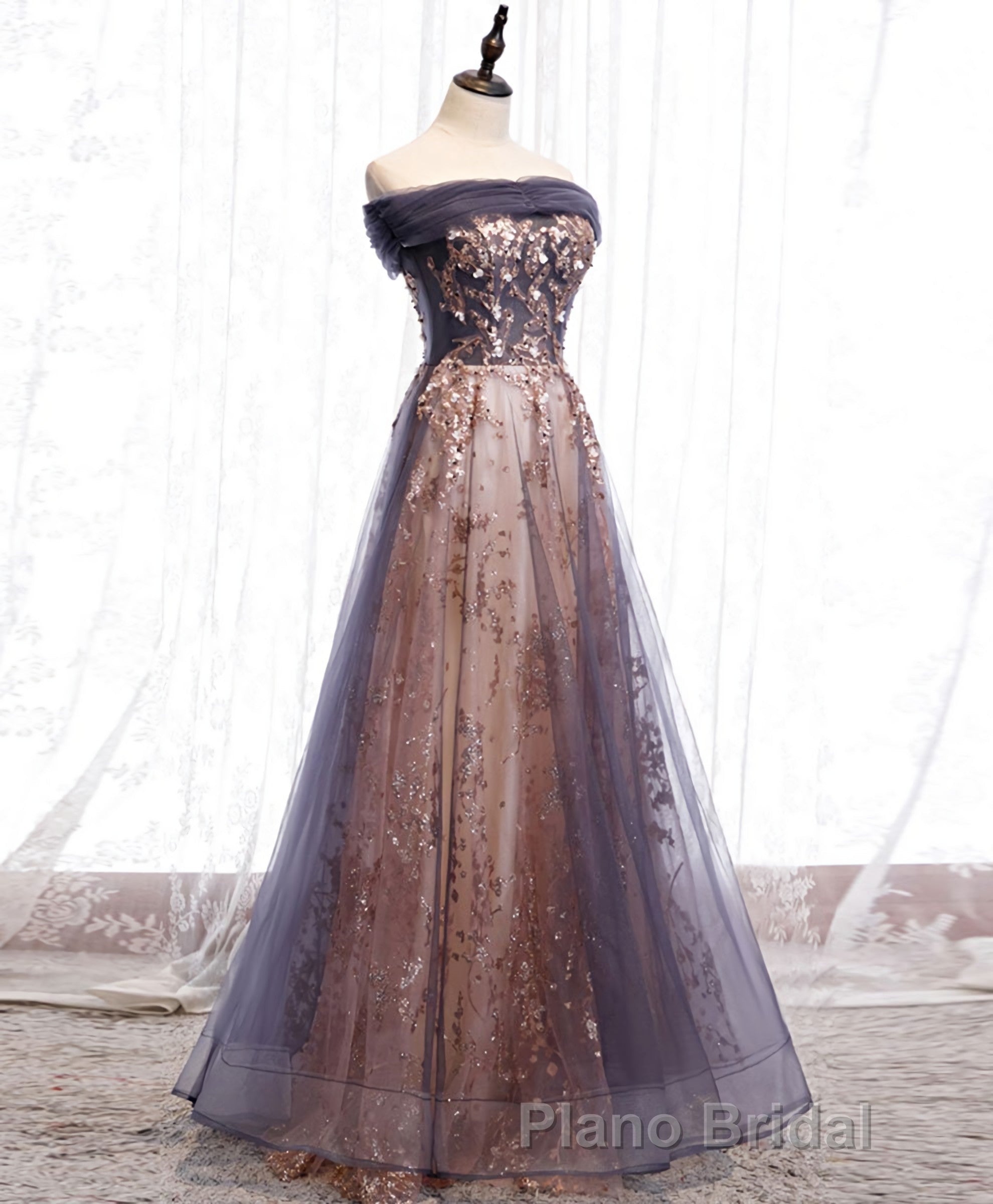 Unique Tulle Off Shoulder Lace Long Formal Prom Dresses, Lace Prom Dresses
