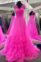 Hot Pink Illusion Strapless A-line Layers Tulle Long Formal Prom Dresses