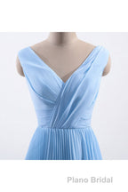 Blue Pleated A-line Chiffon Long Bridesmaid Dresses