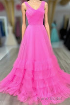 Hot Pink Illusion Strapless A-line Layers Tulle Long Formal Prom Dresses