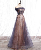 Unique Tulle Off Shoulder Lace Long Formal Prom Dresses, Lace Prom Dresses