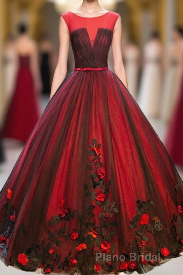 Burgundy Round Neck Tulle Lace Applique Long Formal Prom Dresses, Burgundy Evening Dresses Main image